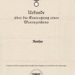 Urkunde zum Eintrag des geschützten Warenzeichens &quot;REVISOR&quot; 1939