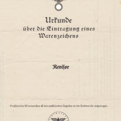 Urkunde zum Eintrag des geschützten Warenzeichens &quot;REVISOR&quot; 1939